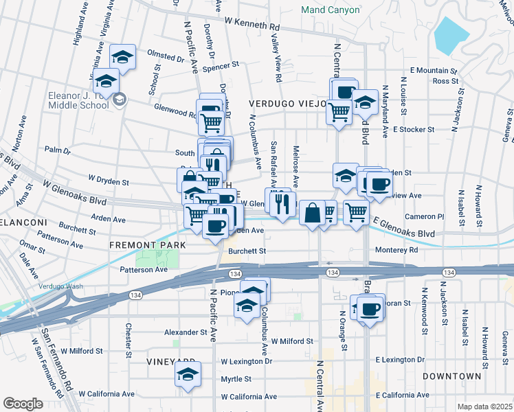 map of restaurants, bars, coffee shops, grocery stores, and more near 400 West Glenoaks Boulevard in Glendale
