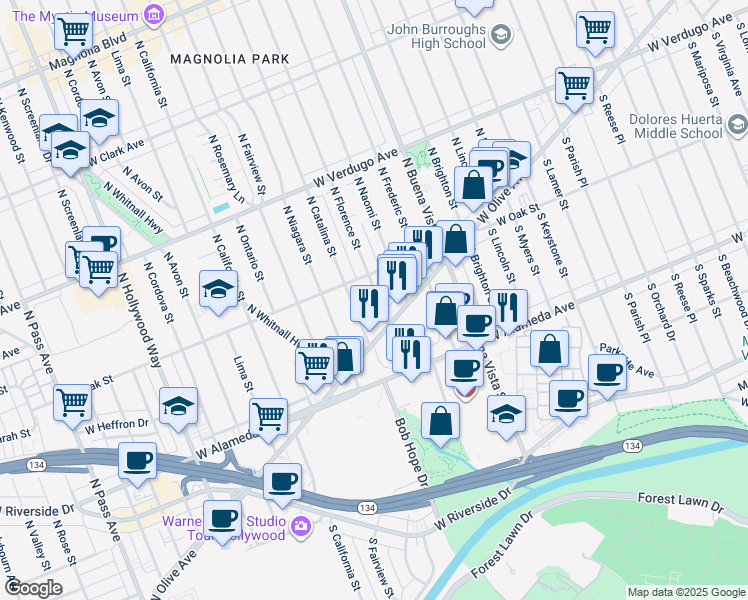 map of restaurants, bars, coffee shops, grocery stores, and more near 131 North Florence Street in Burbank