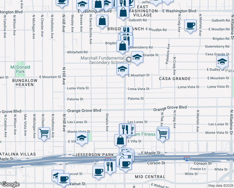 map of restaurants, bars, coffee shops, grocery stores, and more near 1755 Paloma Street in Pasadena