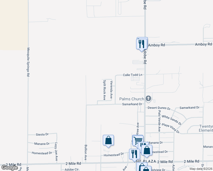 map of restaurants, bars, coffee shops, grocery stores, and more near 5157 Split Rock Avenue in Twentynine Palms