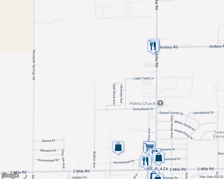 map of restaurants, bars, coffee shops, grocery stores, and more near 5154 Split Rock Avenue in Twentynine Palms