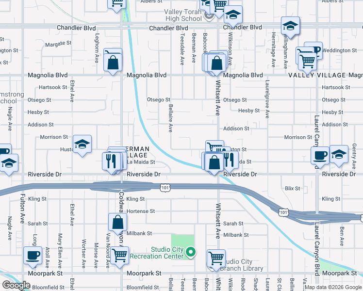 map of restaurants, bars, coffee shops, grocery stores, and more near 12631 Huston Street in Los Angeles