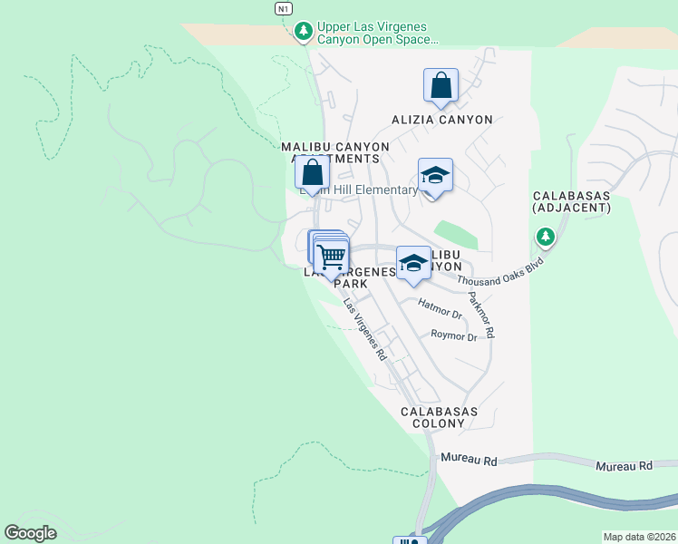 map of restaurants, bars, coffee shops, grocery stores, and more near 5624 Las Virgenes Road in Calabasas