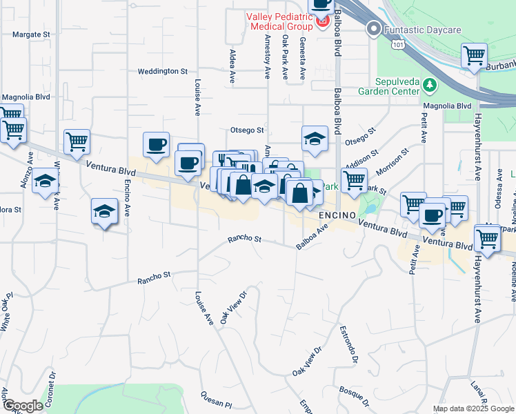 map of restaurants, bars, coffee shops, grocery stores, and more near 17114 Ventura Boulevard in Los Angeles