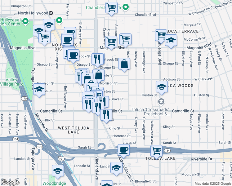 map of restaurants, bars, coffee shops, grocery stores, and more near 10848 Huston Street in Los Angeles