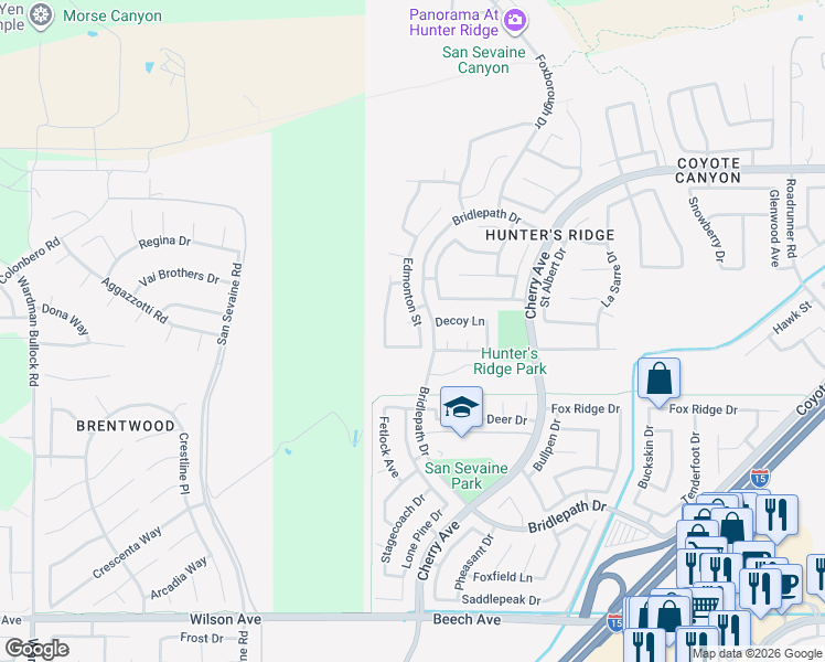 map of restaurants, bars, coffee shops, grocery stores, and more near 14573 Calgary Circle in Fontana