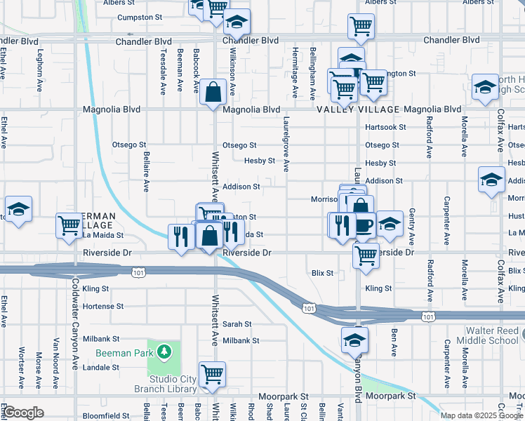 map of restaurants, bars, coffee shops, grocery stores, and more near 12345 Huston Street in Los Angeles