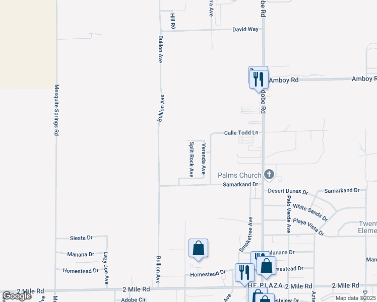 map of restaurants, bars, coffee shops, grocery stores, and more near 5154 Split Rock Avenue in Twentynine Palms