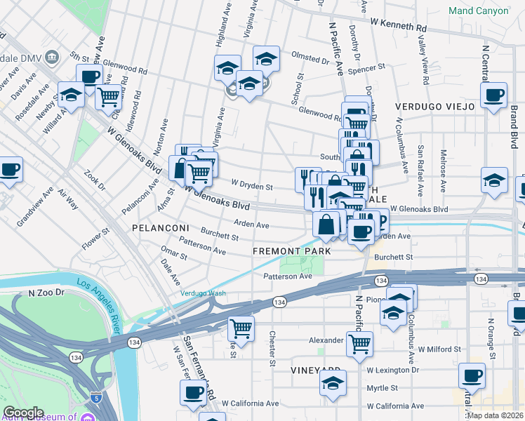 map of restaurants, bars, coffee shops, grocery stores, and more near 700 West Glenoaks Boulevard in Glendale