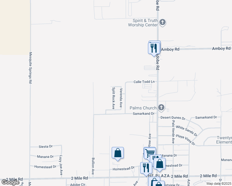 map of restaurants, bars, coffee shops, grocery stores, and more near 5157 Split Rock Avenue in Twentynine Palms
