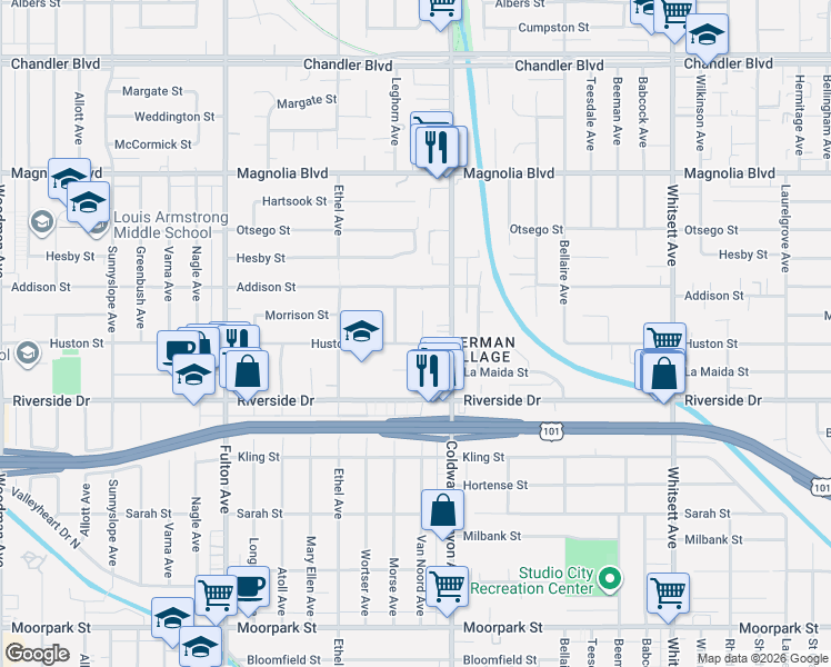 map of restaurants, bars, coffee shops, grocery stores, and more near 4909 Van Noord Avenue in Los Angeles