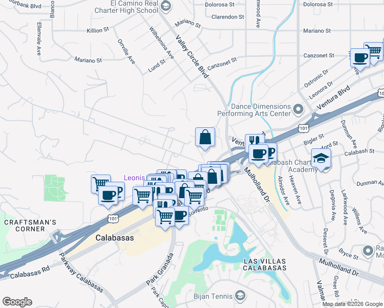map of restaurants, bars, coffee shops, grocery stores, and more near 23547 Long Valley Road in Hidden Hills