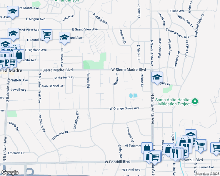 map of restaurants, bars, coffee shops, grocery stores, and more near 1601 Rodeo Road in Arcadia
