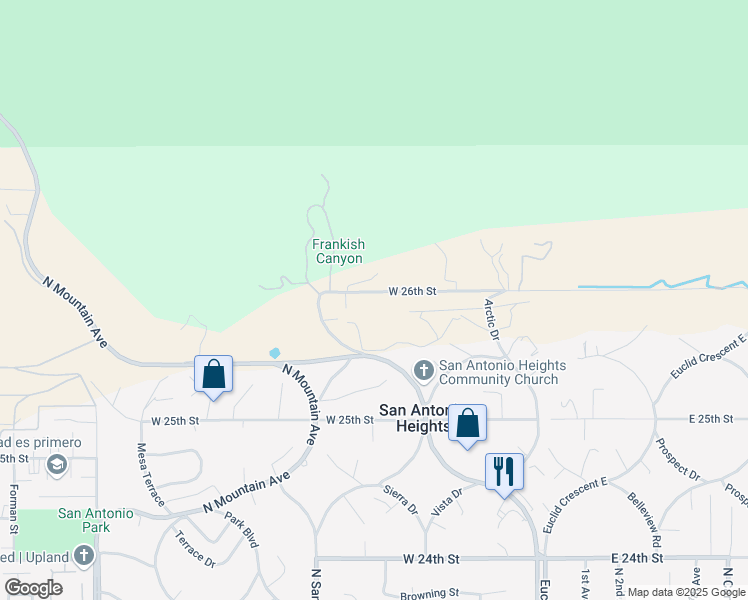 map of restaurants, bars, coffee shops, grocery stores, and more near 2 West 26th Street in Upland