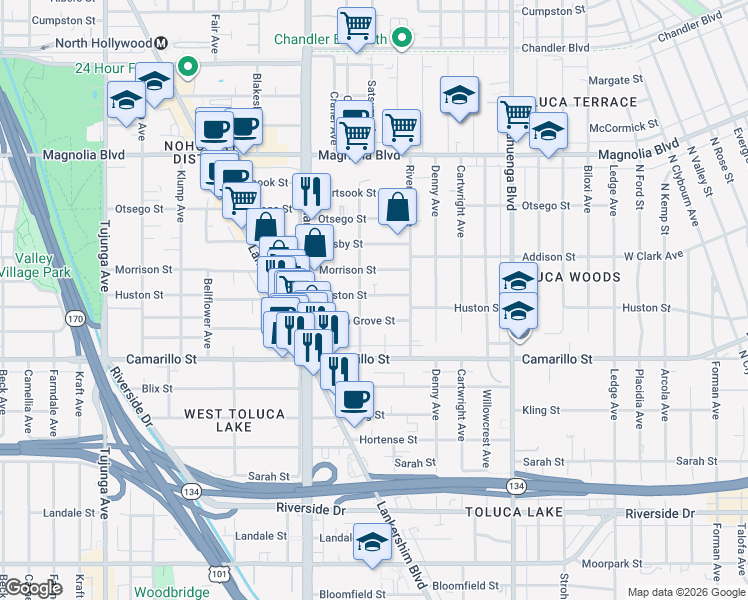 map of restaurants, bars, coffee shops, grocery stores, and more near 10858 Huston Street in Los Angeles