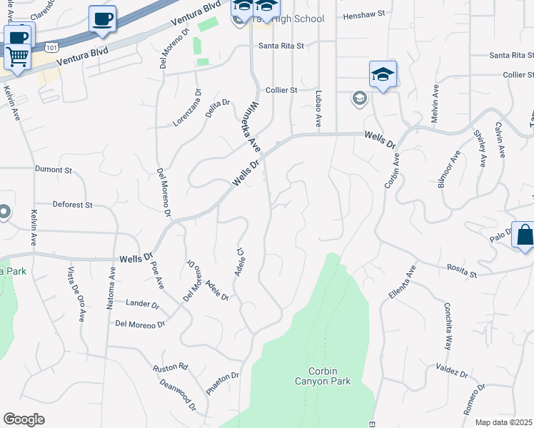 map of restaurants, bars, coffee shops, grocery stores, and more near 4885 Winnetka Avenue in Los Angeles