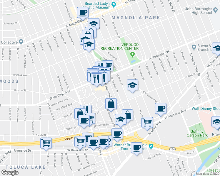 map of restaurants, bars, coffee shops, grocery stores, and more near 494 North Hollywood Way in Burbank