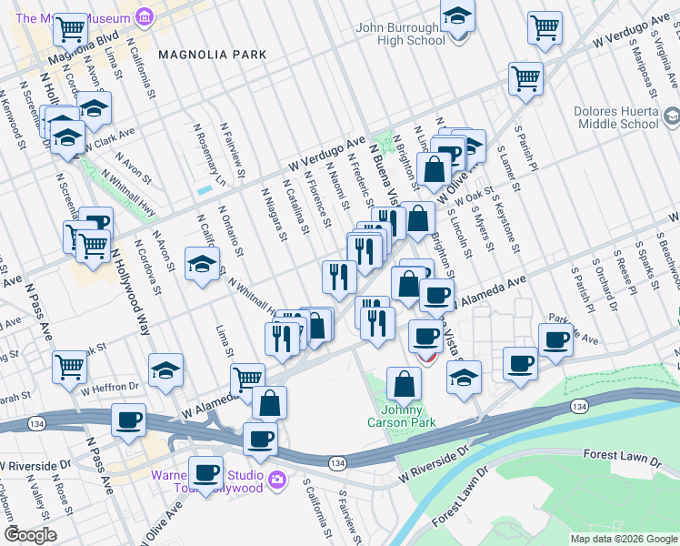 map of restaurants, bars, coffee shops, grocery stores, and more near 135 North Florence Street in Burbank