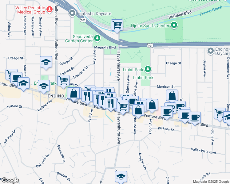 map of restaurants, bars, coffee shops, grocery stores, and more near 16513 Moorpark Street in Los Angeles