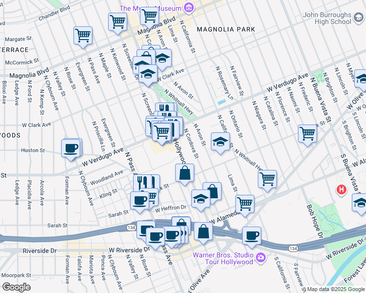 map of restaurants, bars, coffee shops, grocery stores, and more near 494 North Hollywood Way in Burbank