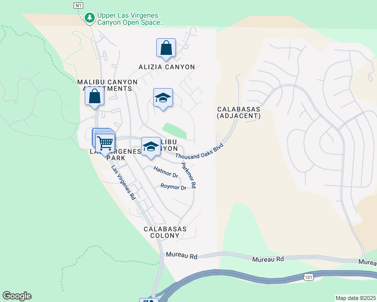 map of restaurants, bars, coffee shops, grocery stores, and more near 26004 Adamor Road in Calabasas