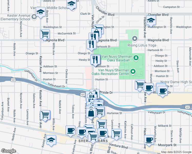 map of restaurants, bars, coffee shops, grocery stores, and more near 4856 Tilden Avenue in Los Angeles
