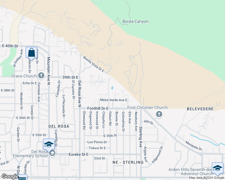 map of restaurants, bars, coffee shops, grocery stores, and more near 3808 Osbun Road in San Bernardino