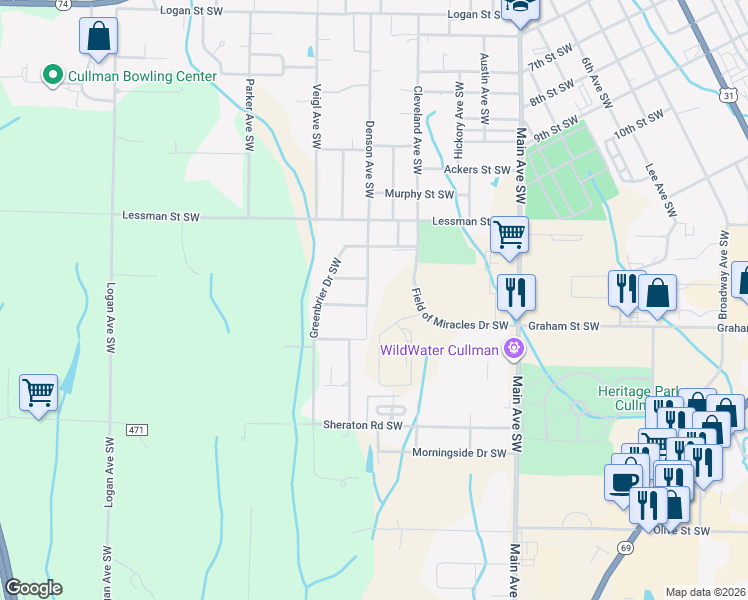 map of restaurants, bars, coffee shops, grocery stores, and more near 1646 Denson Avenue Southwest in Cullman