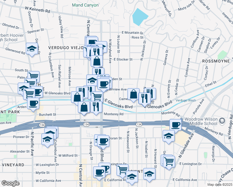 map of restaurants, bars, coffee shops, grocery stores, and more near 943 North Louise Street in Glendale