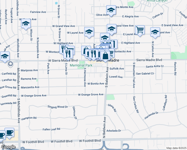 map of restaurants, bars, coffee shops, grocery stores, and more near 112 Esperanza Avenue in Sierra Madre