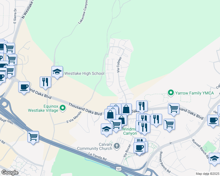 map of restaurants, bars, coffee shops, grocery stores, and more near 1157 Via Colinas in Westlake Village