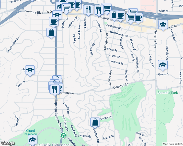 map of restaurants, bars, coffee shops, grocery stores, and more near 5026 Medina Road in Los Angeles