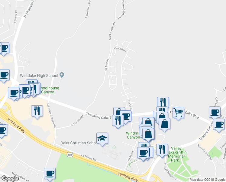 map of restaurants, bars, coffee shops, grocery stores, and more near 1157 Via Colinas in Westlake Village