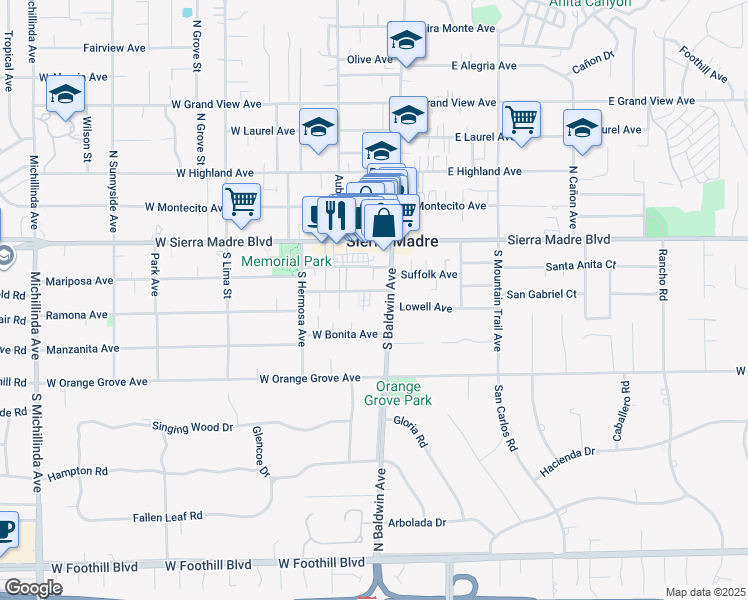 map of restaurants, bars, coffee shops, grocery stores, and more near 139 South Baldwin Avenue in Sierra Madre