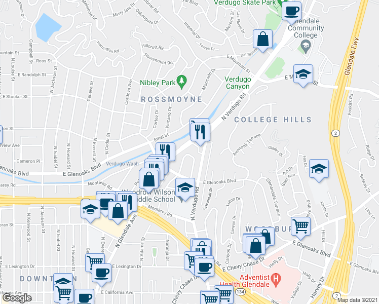 map of restaurants, bars, coffee shops, grocery stores, and more near 949 Verdugo Circle Drive in Glendale