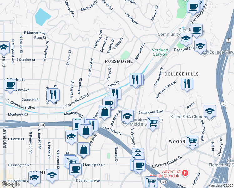 map of restaurants, bars, coffee shops, grocery stores, and more near 925 North Glendale Avenue in Glendale