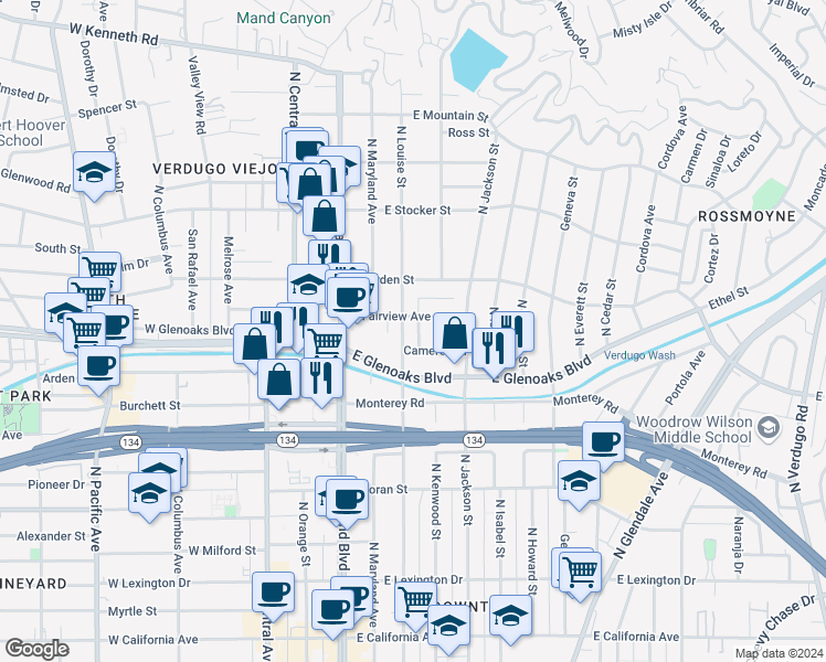 map of restaurants, bars, coffee shops, grocery stores, and more near 930 North Louise Street in Glendale