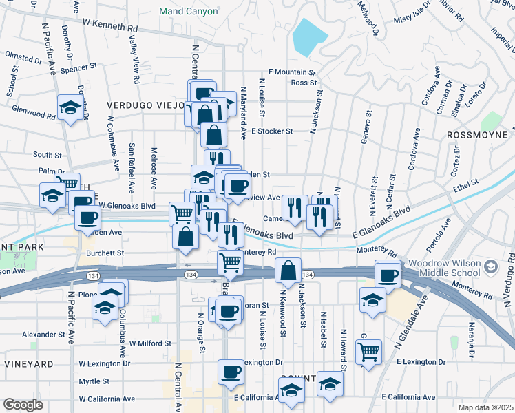 map of restaurants, bars, coffee shops, grocery stores, and more near 930 North Louise Street in Glendale