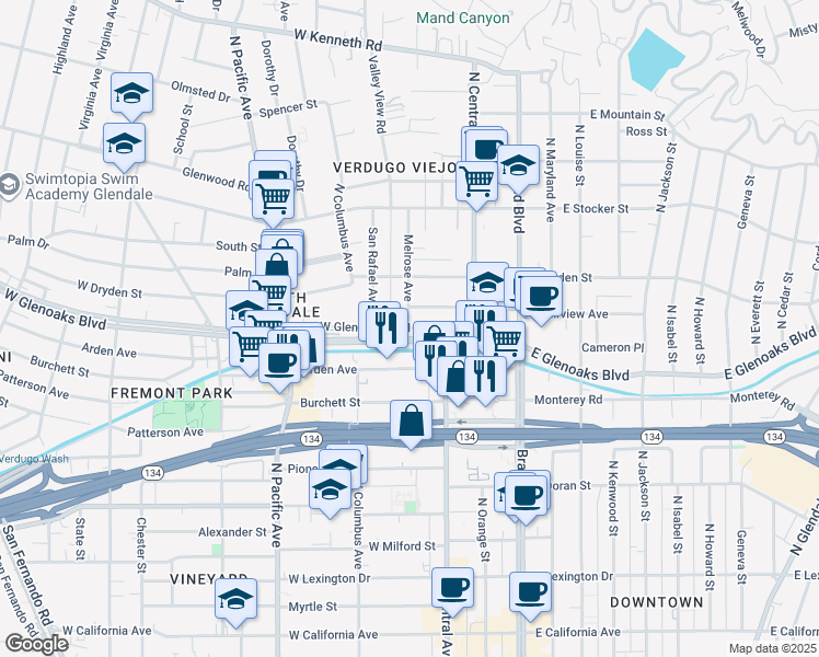 map of restaurants, bars, coffee shops, grocery stores, and more near 300 West Glenoaks Boulevard in Glendale