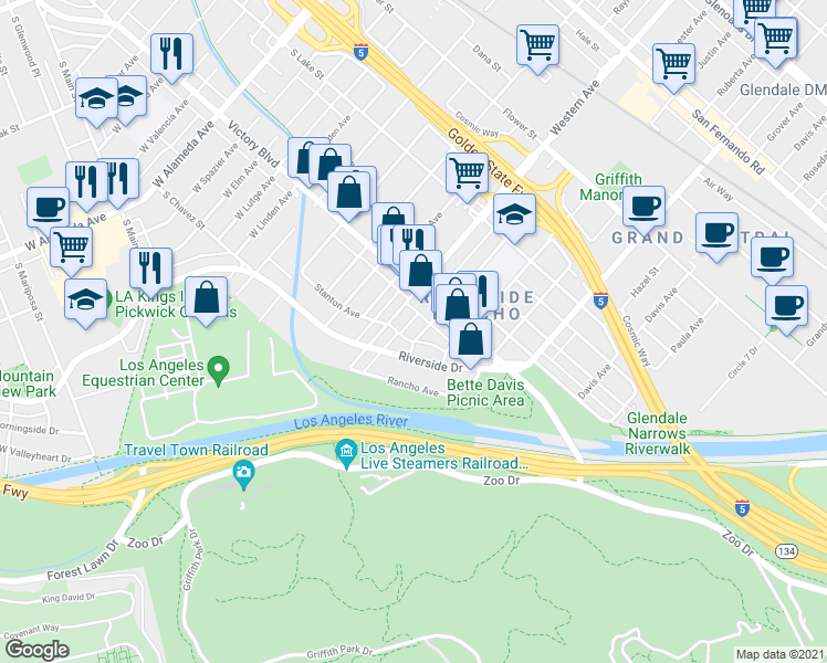 map of restaurants, bars, coffee shops, grocery stores, and more near 215 Winchester Avenue in Glendale