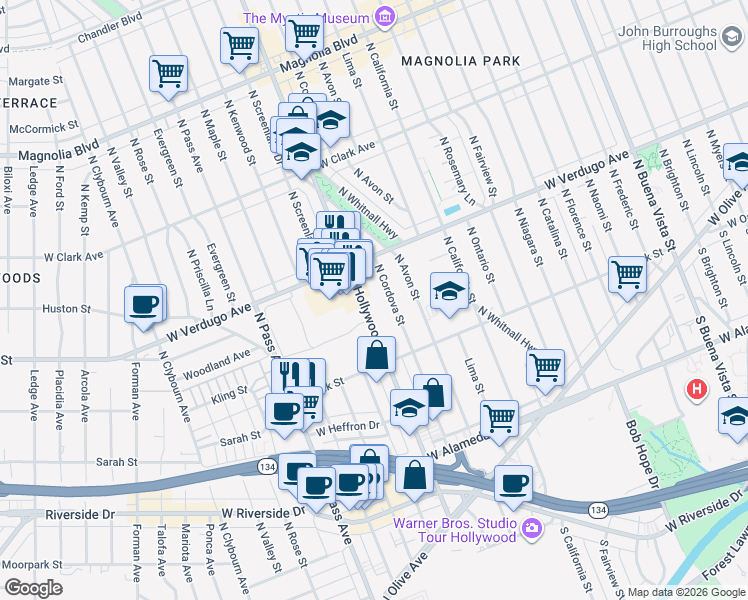 map of restaurants, bars, coffee shops, grocery stores, and more near 494 North Hollywood Way in Burbank