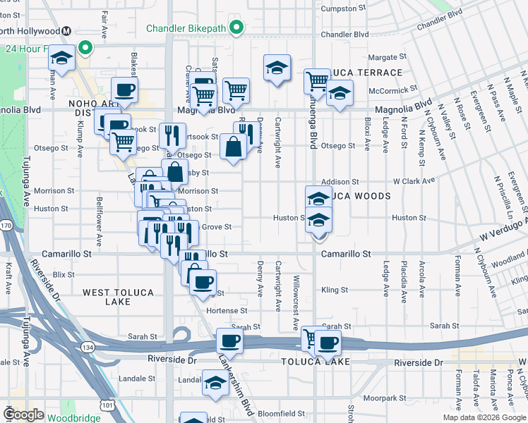 map of restaurants, bars, coffee shops, grocery stores, and more near 10765 Huston Street in Los Angeles