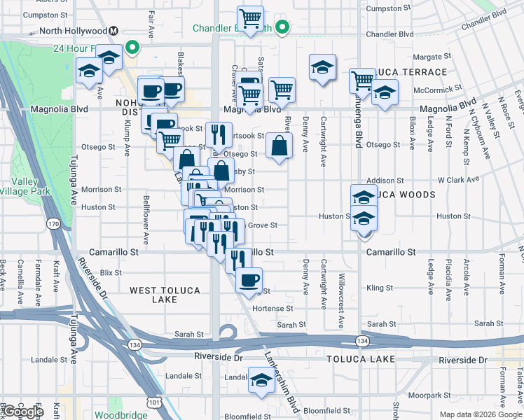 map of restaurants, bars, coffee shops, grocery stores, and more near 10858 Huston Street in Los Angeles