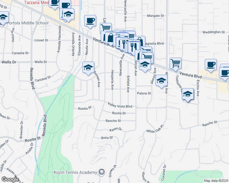 map of restaurants, bars, coffee shops, grocery stores, and more near 4935 Newcastle Avenue in Los Angeles