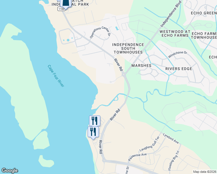 map of restaurants, bars, coffee shops, grocery stores, and more near 2536 River Road in Wilmington