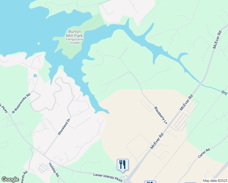 map of restaurants, bars, coffee shops, grocery stores, and more near 5040 Blackberry Lane in Buford