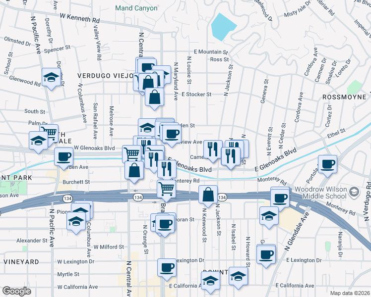 map of restaurants, bars, coffee shops, grocery stores, and more near 943 North Louise Street in Glendale