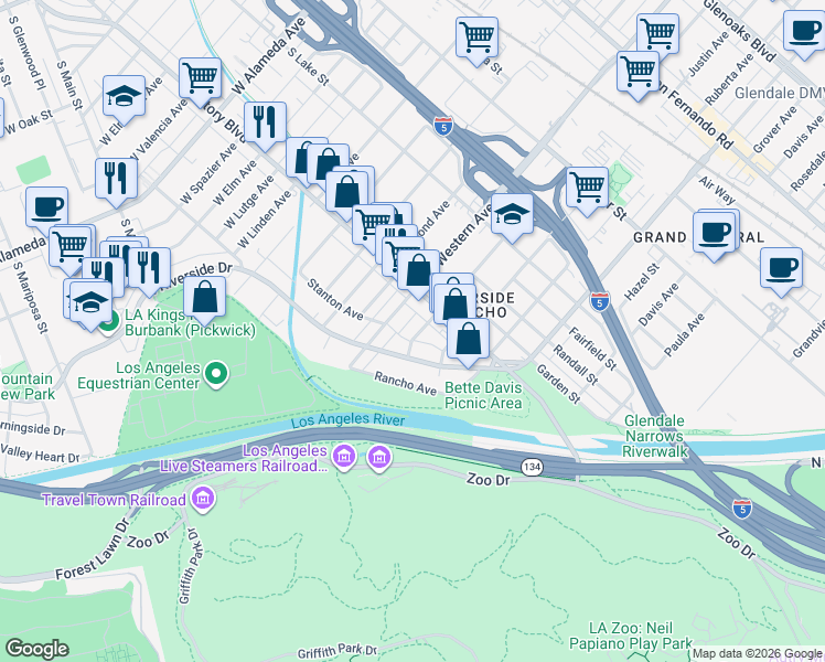 map of restaurants, bars, coffee shops, grocery stores, and more near 219 Winchester Avenue in Glendale
