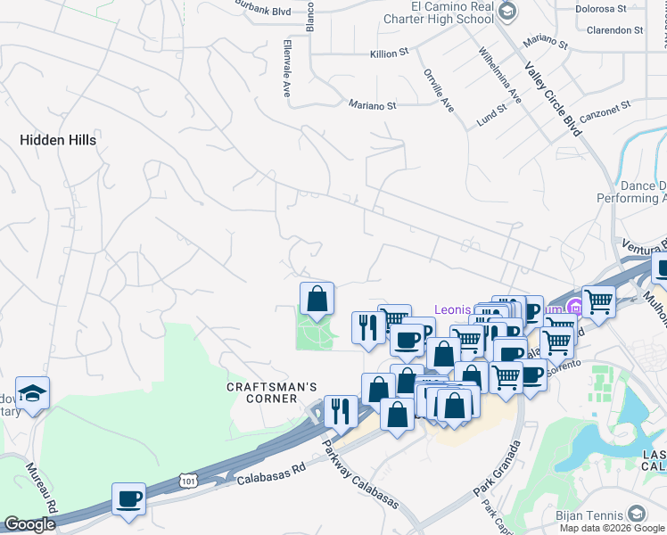 map of restaurants, bars, coffee shops, grocery stores, and more near 24105 Hidden Ridge Road in Hidden Hills