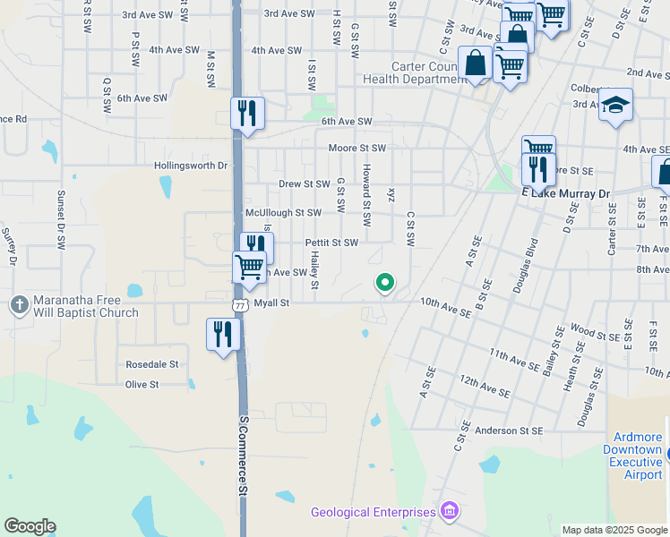 map of restaurants, bars, coffee shops, grocery stores, and more near 1121 G Street Southwest in Ardmore